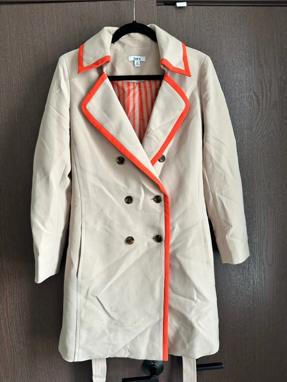 Bar III Beige Trench Coat with Orange Trim - Picture 2 of 4